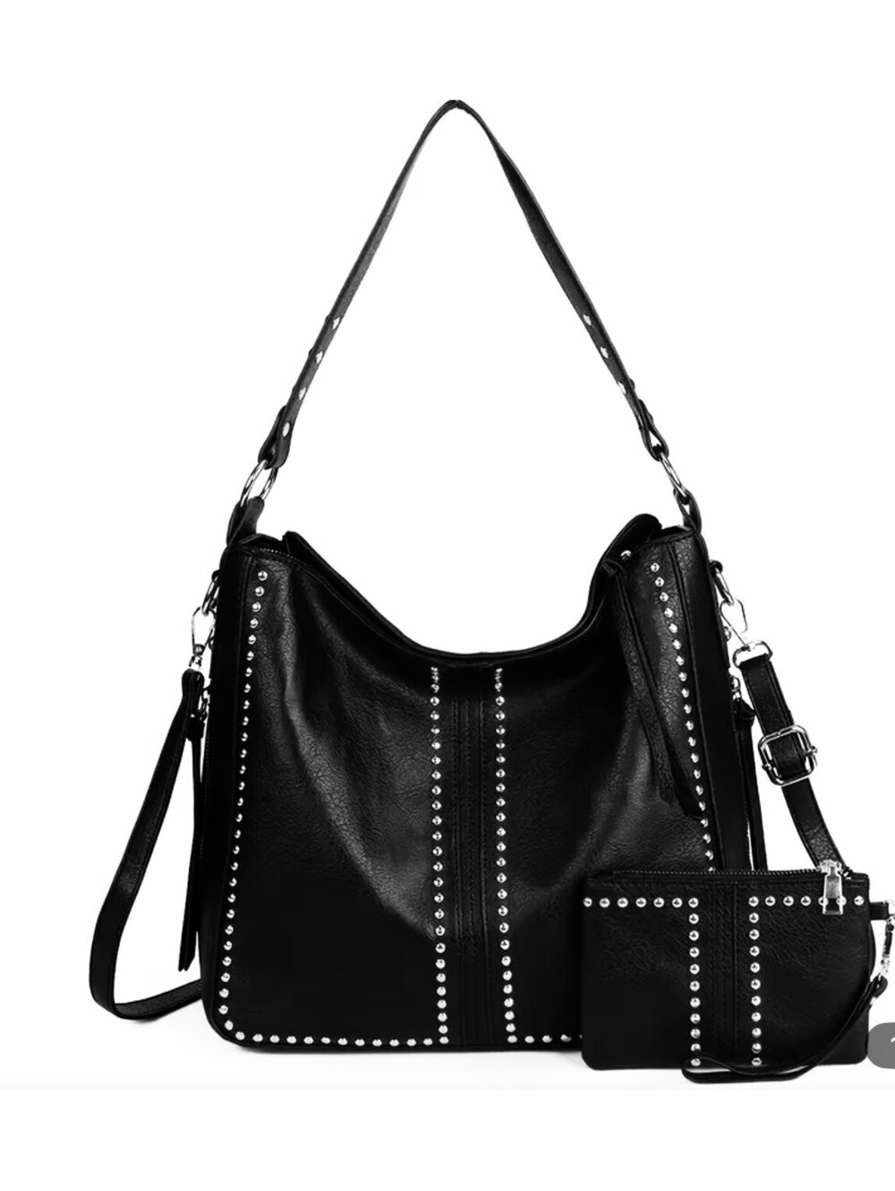 New - Chic -2Pcs Faux Leather Shoulder Bag Set w/Soft Rivet Accents -Black